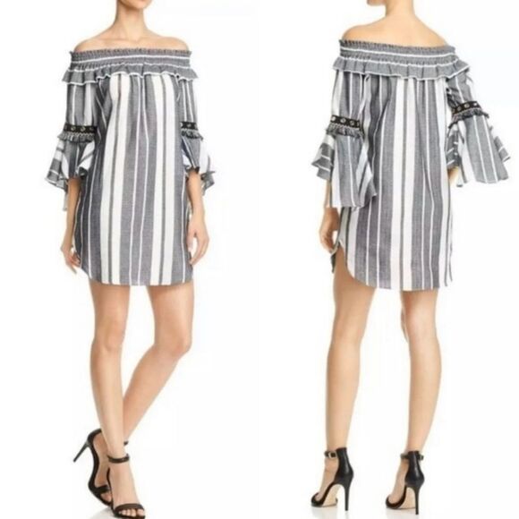 MISA Los Angeles|Striped Off-Shoulder Bell Sleeve Mini Dress, XS - Picture 1 of 9